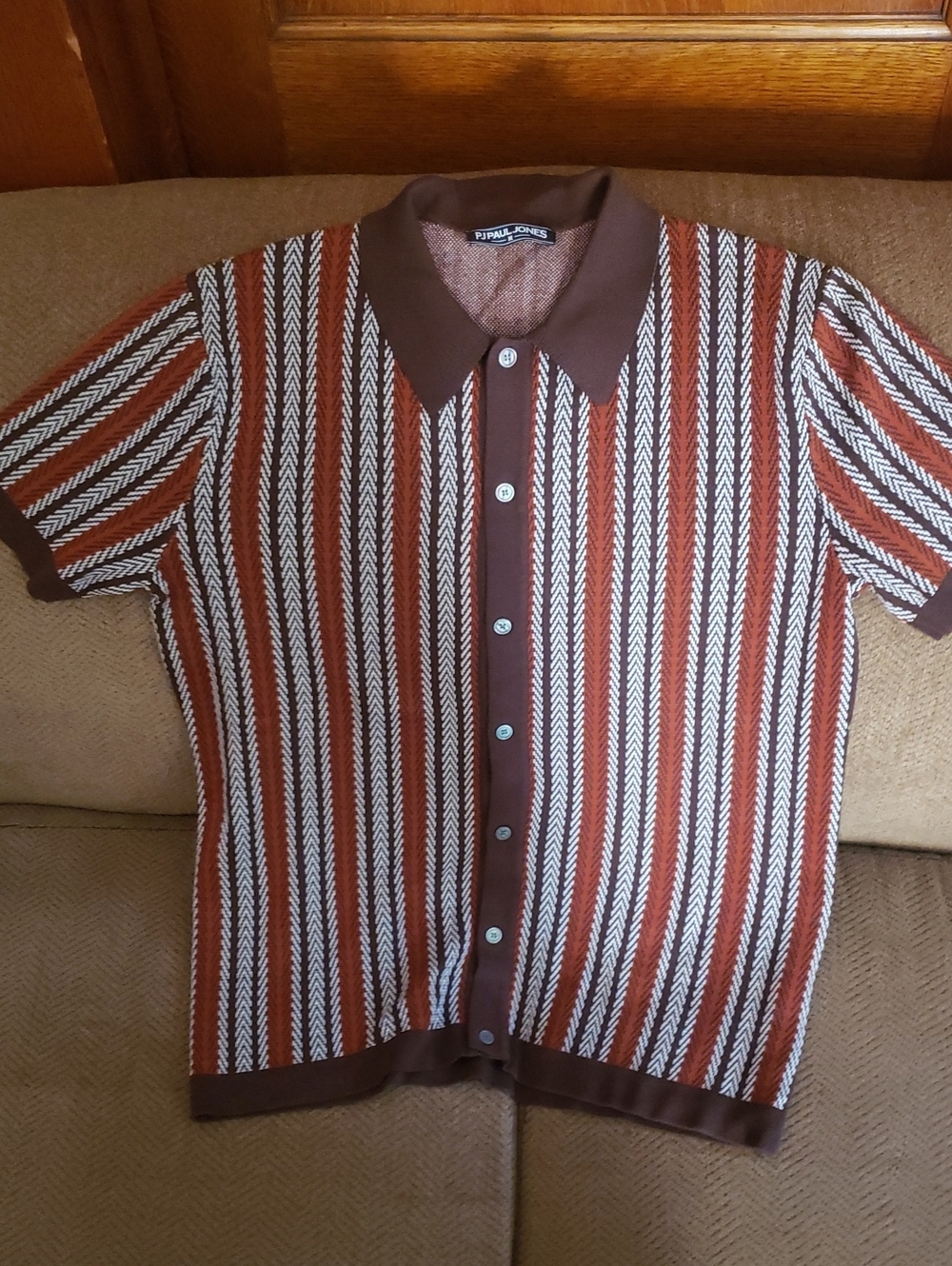 PJ PAUL JONES Brown & Rust Vintage Look Striped Knit Polo Short Sleeve Knit